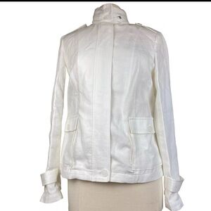 Talbots white Linen full front zipper utility high collar hiddenhoodie jacket 14